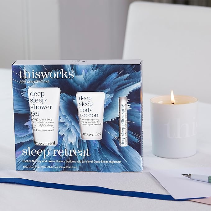 thisworks Sleep Retreat Box Gift Set: Deep Sleep Pillow Spray, Body Moisturizer and Shower Gel. Travel set to Promote Sleep with Lavender, Camomile and Vetivert