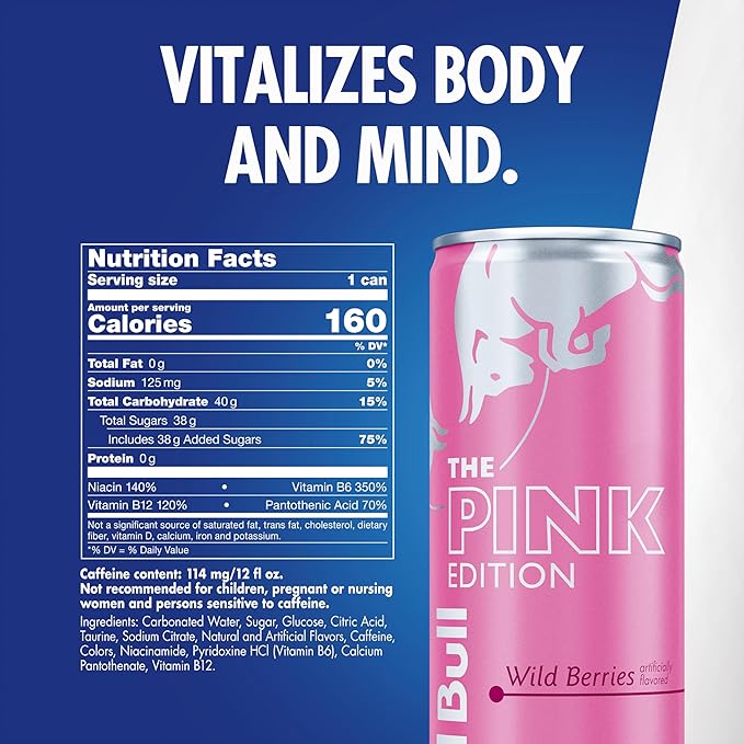 Red Bull Pink Edition Energy Drink, Wild Berries, 12 fl. oz., 6 x 4 Cans, Pack of 24 Cans, with 80mg Caffeine, Taurine & B Vitamins