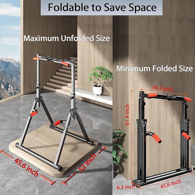 DOBESTS Foldable Power Tower Pull Up Bar Dip Station Adjustable Multifunction Workout Pull Up Tower Station Gym Strength Training Equipment for Home Outdoor, Triangular Legs, Support 700lbs