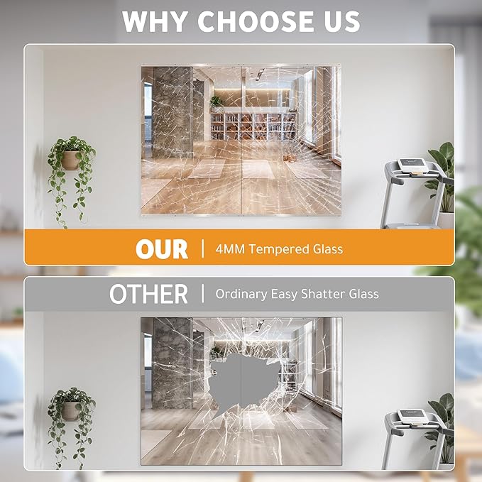 ROOMTEC Workout Mirrors for Home Gym 60"x30", Large Wall Mirror Full Length for Fitness, Yoga, Big Wall Mounted Frameless Glass Mirror for Garage, Dance Studio, Bedroom