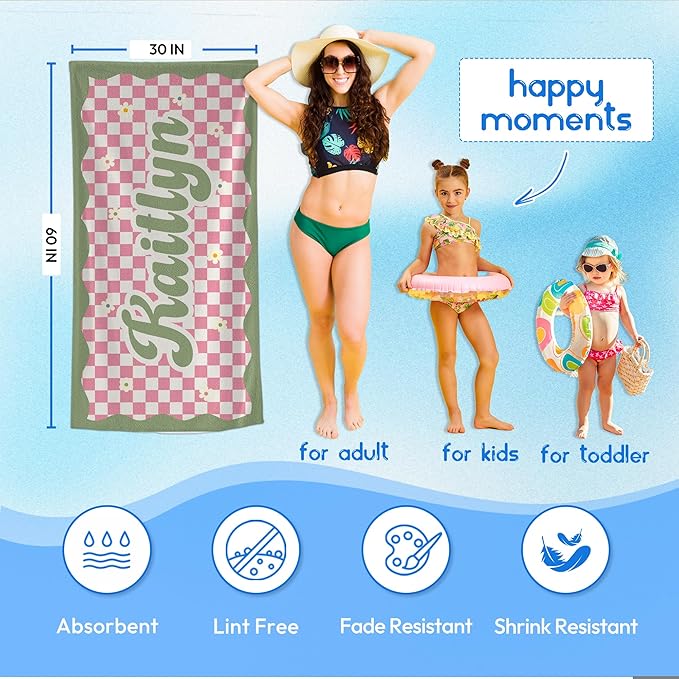 JML Personalized Beach Towel with Name, Custom Flower Beach Towel, Customized Microfiber Pool Towel, Quick Dry & Absorbent Swim Towel for Adult,Anniversary, Birthday, Summer Holiday,Vacation