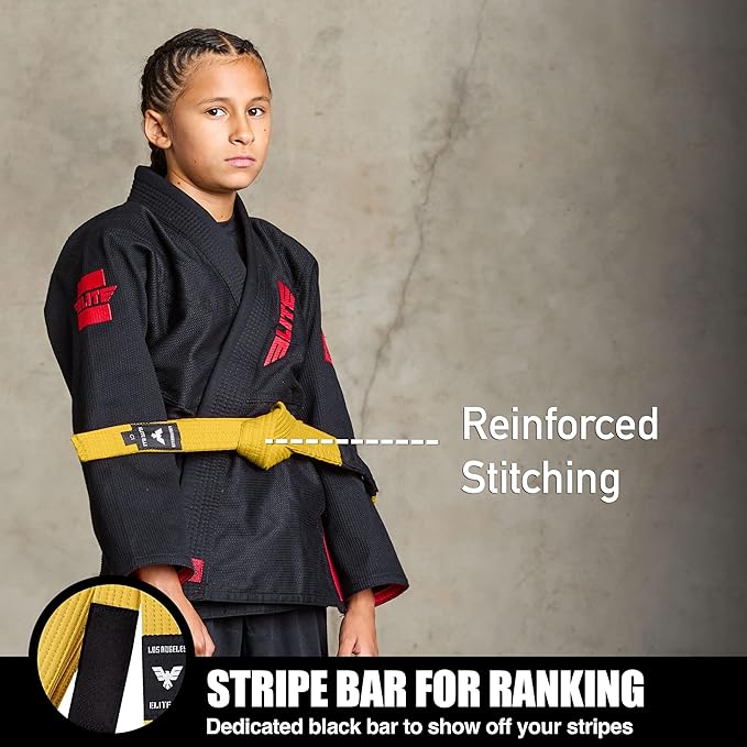 Elite Sports Kids Brazilian Jiu Jitsu Belts Preshurunk Martial Arts Youth BJJ Belts for Girls & Boys with BJJ Ranking Stripes