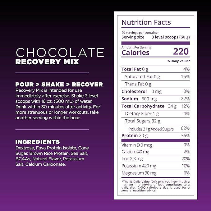 Tailwind Nutrition Recovery Mix, 20 Grams Complete Protein, Carbohydrates, and Electrolytes Powder Drink Mix for Post-Workout, Free of Gluten, Soy, and Dairy, Vegan, 20 Servings, Chocolate