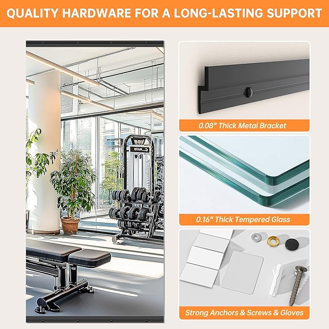 Hasipu 2 Pcs 48''x30'' Home Gym Mirror Large Full Length Wall Mounted Full Body Mirror for Yoga Dance Fitness Exercise Studio Bedroom Garage, Frameless Tempered Glass Workout Mirrors Black Rectangular