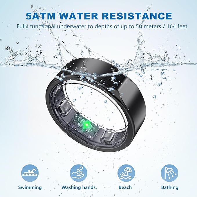 Smart Ring for Women Men - Titanium Health Fitness Tracker Ring with Heart Rate, Step Counting, Calories, Sleep & Stress Monitor for iPhone and Android, No Subscription Fee (Black, 6)