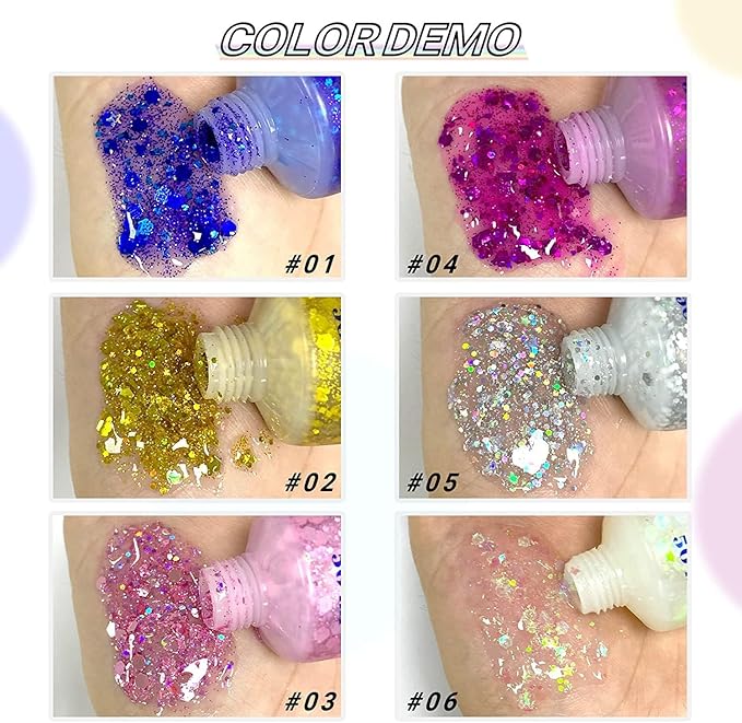 3 Color Face and Body Glitter Gel, Neon Outfit Glow Party for Body Hair Face Nail Glitter Stick Makeup. (01-Blue&02-Gold &06-White Moonbeam)