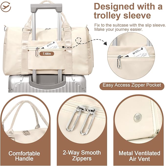 FIORETTO Womens Gym Tote Duffle Bag with Wet Pocket & Shoe Compartment, Sports Duffel Overnight Weekender Hospital Workout Carry on Bag for Girls, Ideal for Travel, Swimming, Dance, Ballet Beige