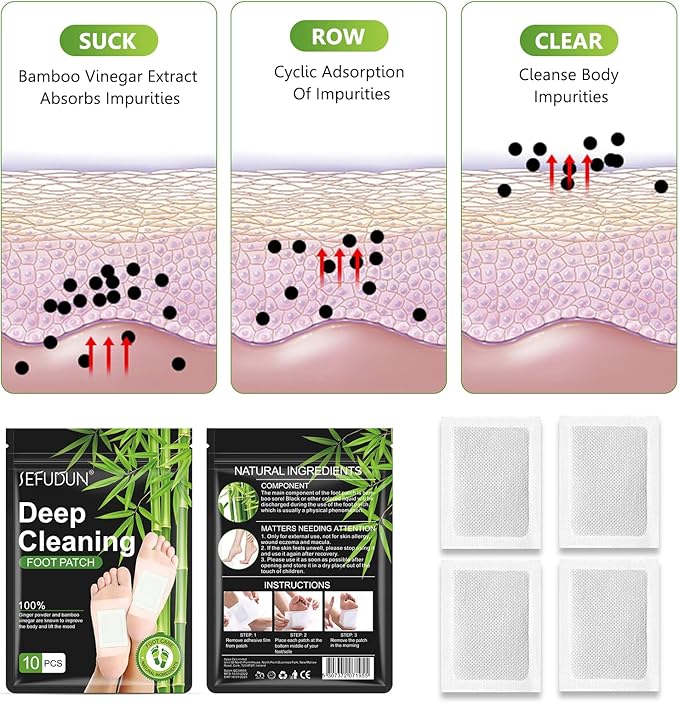 Foot Pads (30 PCS), Natural Bamboo Vinegar Ginger Powder Pad, 10 Count (Pack of 3)