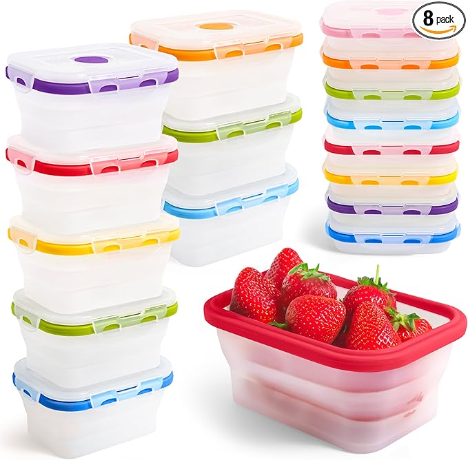 Small Collapsible Silicone Containers, Perfect for Snacks, Travel, Space-Saving Storage, Set of 8