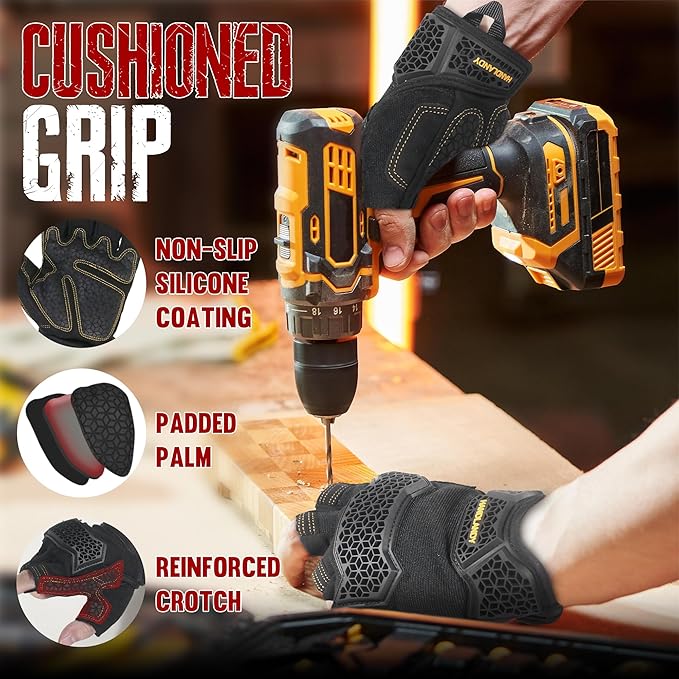 HANDLANDY Fingerless Work Gloves for Men, Padded Impact Tactical Mechanics Gloves, Grip Utility Trucker Driver Gloves (Black- impact, Large (Pack of 1))