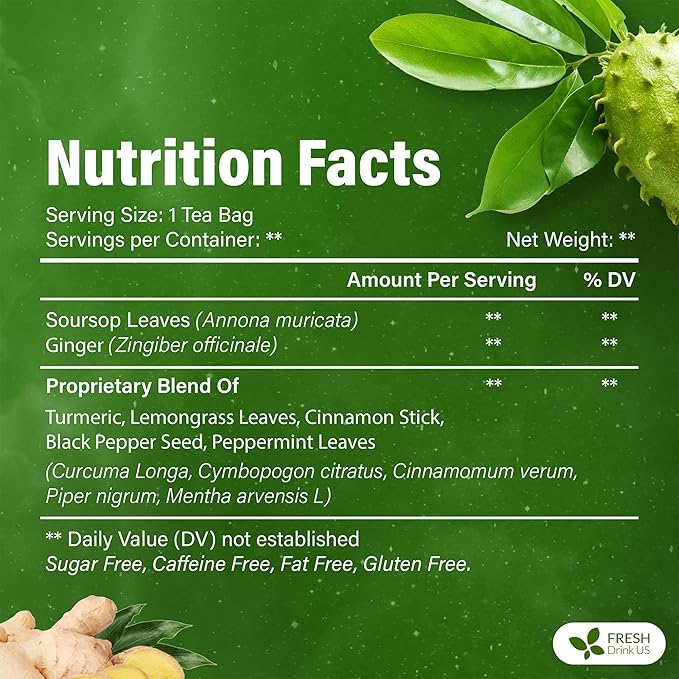 FreshDrinkUS, Super Soursop Herbal Tea – 40 Tea Bags | Soursop, Ginger, Turmeric, Lemongrass, Cinnamon, Black Pepper & Peppermint | Caffeine-Free, Natural Flavor, Plant-Based Blend | Sugar-Free