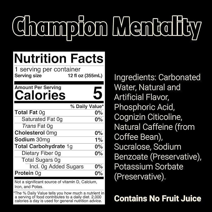 BUM Sugar-Free Energy Drink, Champion Mentality - Lightly Carbonated & No Artificial Colors, Natural Caffeine & Citicoline for Energy & Focus, Brain Boost & Workout Sports Beverage - 12 oz, Pack of 12