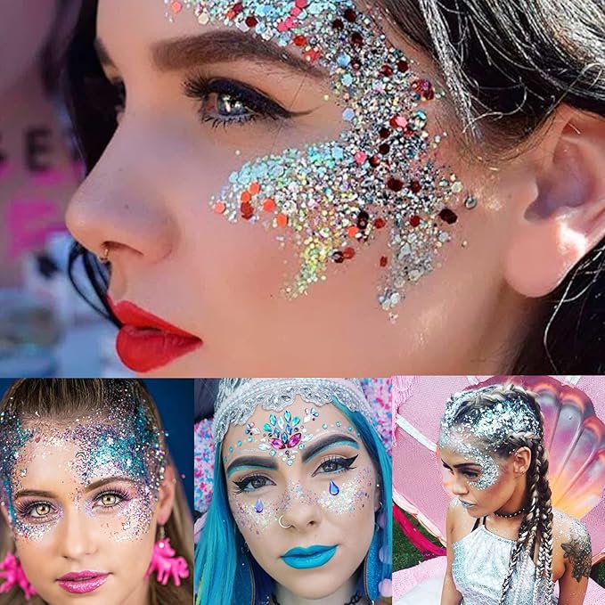 MEICOLY Clear White and Silver Body Glitter Set, Mermaid Face Glitter Gel, Singer Concerts Festival Rave Accessories, Chunky Sequins Glitter Paint for Women and Kids, Sparkling Makeup