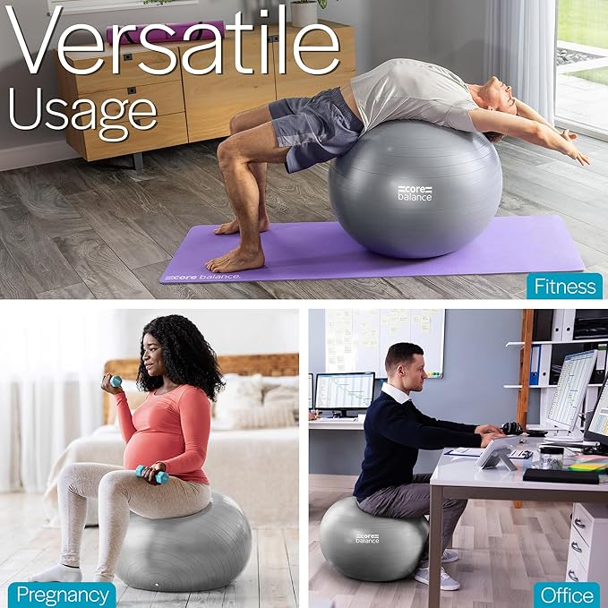 Exercise Ball for Workouts, Anti-Burst and Slip Resistant, Swiss Yoga Ball for Pregnancy, Stability, Fitness and Physical Therapy, 4 Sizes, with Pump