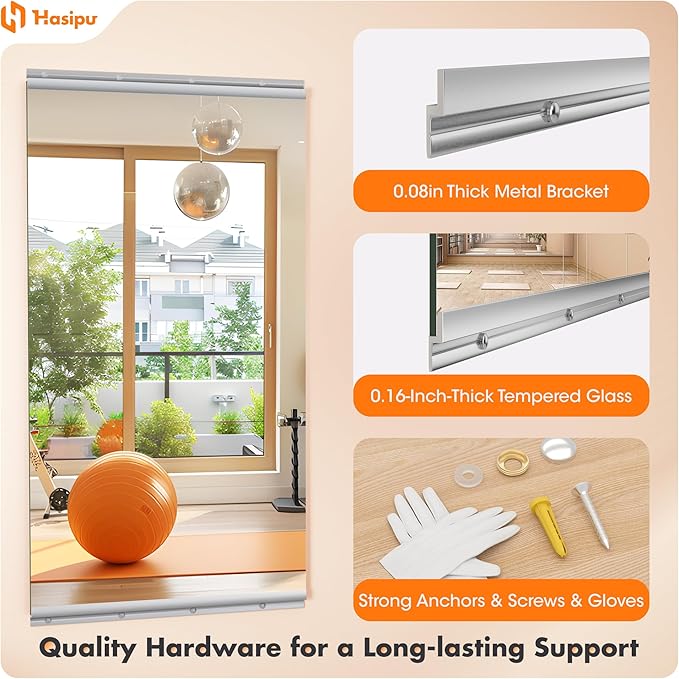 Hasipu Home Gym Mirror 55" L x 17" W - 3PCS Large Full Body Mirror for Yoga, Wall-Mounted Mirrors for Fitness, Garage, Dance Studio, 0.16in Tempered Glass Frameless