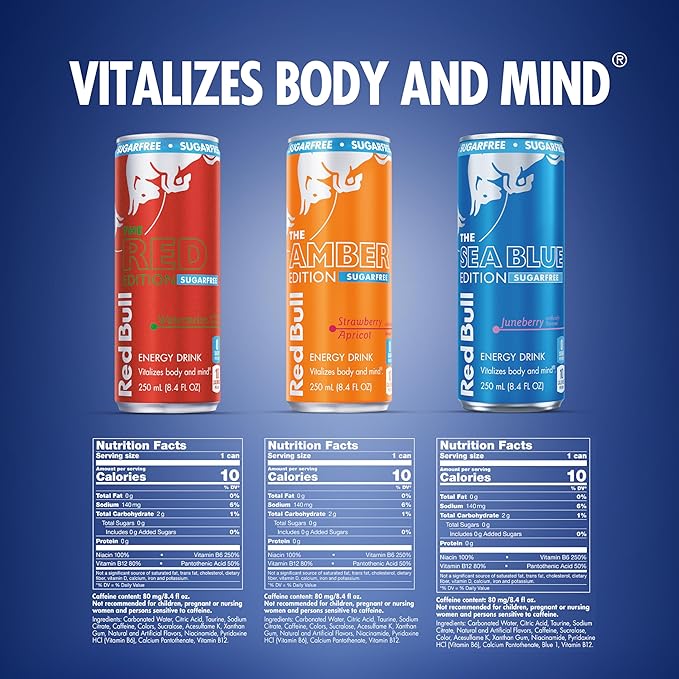 Red Bull Energy Drink Sugar Free Variety Pack, Red, Amber, and Sea Blue, with 80mg Caffeine, Taurine & B Vitamins, 8.4 fl. oz, Pack of 12 Cans