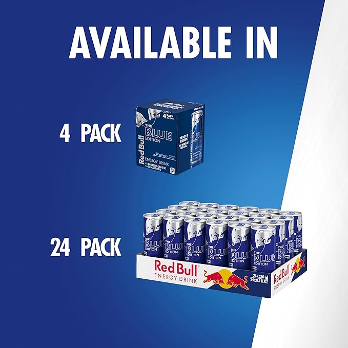 Red Bull Blue Edition Energy Drink, Blueberry, with 80mg Caffeine plus Taurine & B Vitamins, 8.4 Fl Oz, Pack of 4 Cans