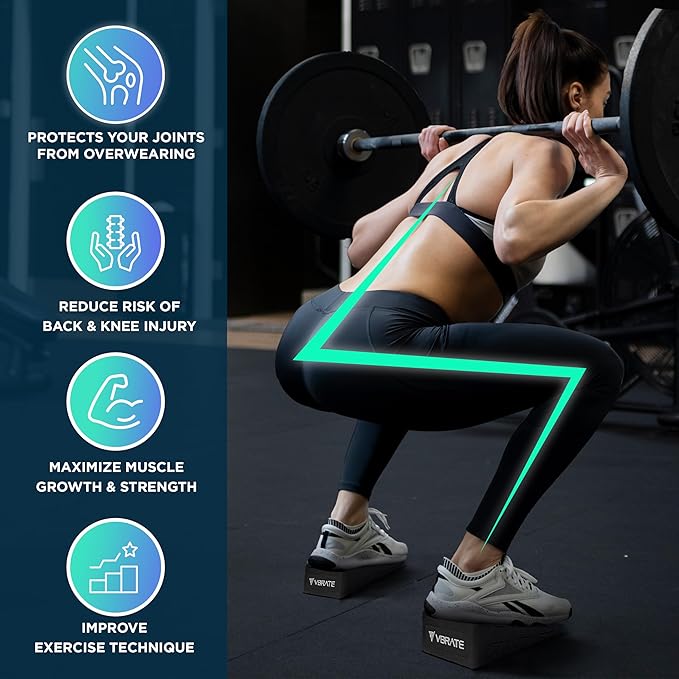 Adjustable Non-Slip Rubber Slant Board for Squats (4PC Squat Wedge Blocks) with 5 Resistance Bands – Heel Elevated Calf Stretcher & Calf Raise Block for Strength Training, Mobility & Balance