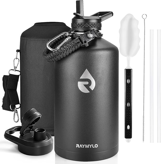 One Gallon Water Bottle Insulated, Triple Walled Vacuum Stainless Steel (Cold for 48 Hrs), Leak Proof & Non-BPA, Large Water Flask Jug with Paracord Handle & Straw Spout Lids