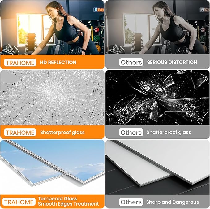 ROOMTEC Workout Mirrors for Home Gym 60"x26"-2PCS, Large Wall Mirror Full Length for Fitness, Yoga, Big Wall Mounted Frameless Glass Mirror for Garage, Dance Studio, Bedroom