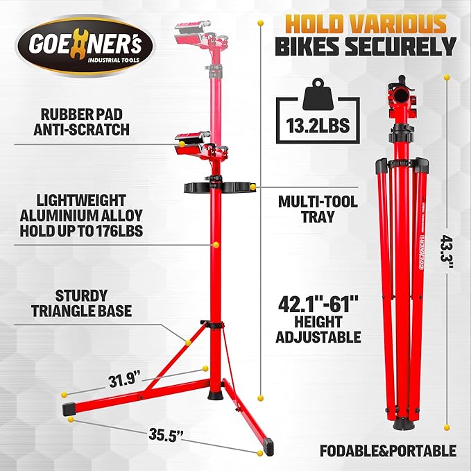 Bike Repair Stand, 176 LBS Heavy Duty Portable Bicycle Mechanic Maintenance Workstand with Tool Tray, Steel & Aluminum Shop Home Adjustable Height Foldable Bike Work Stand for E Bike, MTB, RB