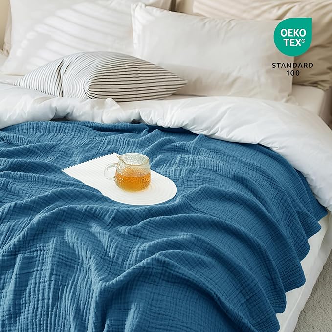 Carriediosa 100% Cotton Muslin Throw Blanket 90" X 90" Queen Size，4-Layers Summer Gauze Throws for Bed Couch，Soft Lightweight Breathable Linen Blankets Bedspread for Adults All Season，Dusty Blue