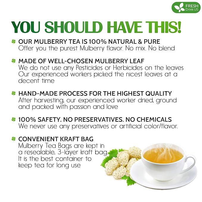 FreshDrinkUS Premium 120 Mulberry Leaf Tea Bags, 100% Natural & Pure. Loose Leaf Herbal Tea. Made with Natural Material Tea Bags. No Sugar, No Caffeine, No Gluten, Vegan