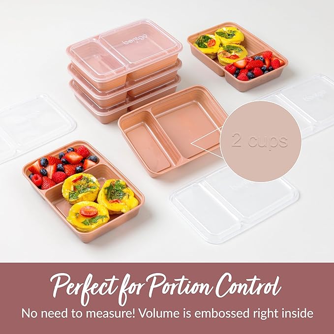 Bentgo 20-Piece Lightweight, Durable, Reusable BPA-Free 2-Compartment Containers - Microwave, Freezer, Dishwasher Safe - Rose Gold