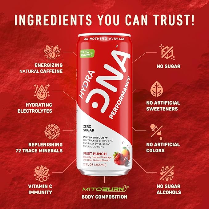 HYDRADNA- Clean Performance Drink, Zero Sugar | For Natural Fuel, Alertness, Boost, Stamina,120 mg Organic Caffeine, Natural Flavors, Zero Sucralose, Clean Ingredients (12 Pack) (12 Pack, Fruit Punch)