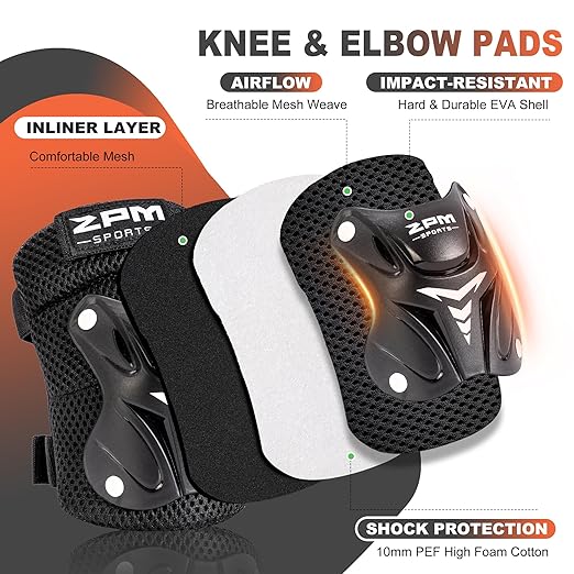 2PM SPORTS Knee Pads for Kids, Wrist Guards Knee and Elbow Pads Set with Drawstring Bag, Protective Gear Set for Girls Boys Roller Skating Cycling Skateboard - Black Small