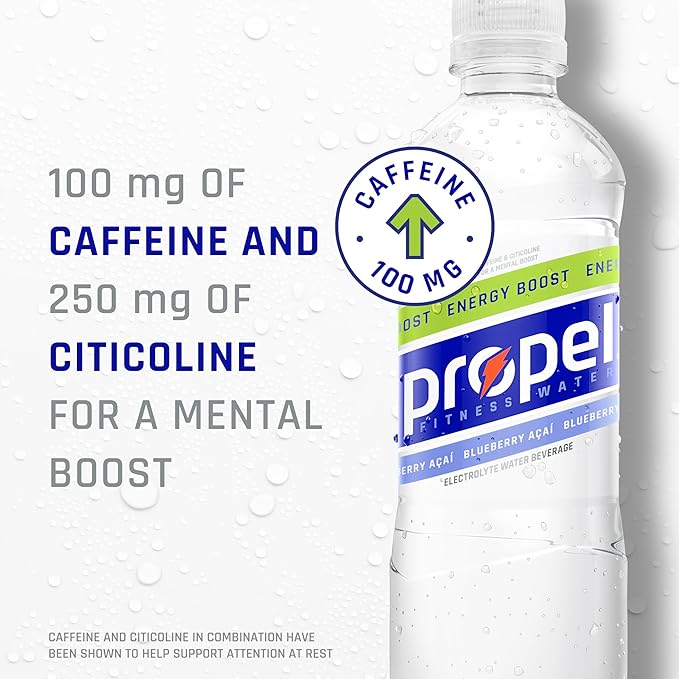 Propel Energy Boost Zero Calorie Flavored Water With Electrolytes and Caffeine, Blueberry Acai, 16.9 fl oz Bottles (12 Pack)
