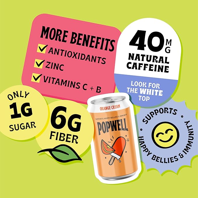 Popwell Orange Cream Caffeinated Better-For-You Prebiotic Soda, with 6g Fiber, 1g Sugar, Vitamins and Immunity Support, 12 fl oz Cans (pack of 12)