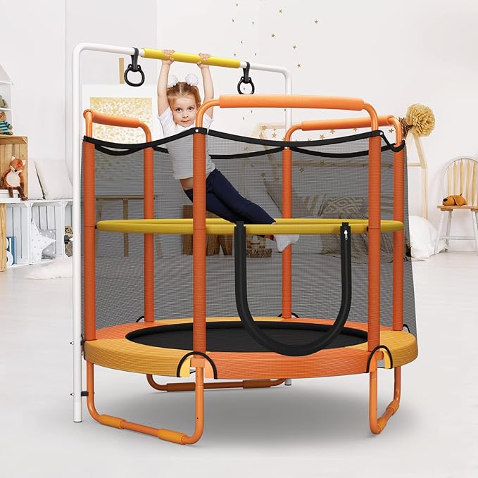 GYMAX 5FT Trampoline for Kids, ASTM Approved with Safety Net & Kitten Trapeze Rings, Indoor/Outdoor