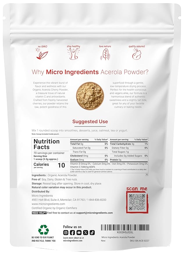 Organic Acerola Powder, 8oz | Natural Organic Vitamin C Superfood | No Sugar & Additives | Great Flavor for Drinks, Smoothie, & Beverages | Non-GMO & Vegan Friendly, Brazil Origin