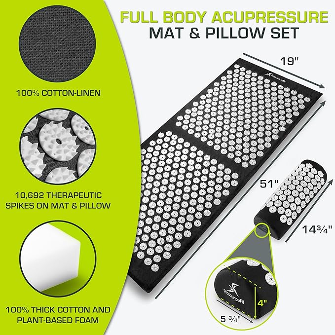 ProsourceFit Acupressure Mat and Pillow Set for Back/Neck Pain Relief and Muscle Relaxation, Large - Gray/Gray