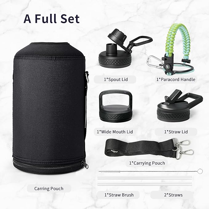 Trebo One Gallon Water Bottle Insulated with Paracord Handle,128oz Stainless Steel Sports Large Jug,Food-grade Double Wall Vacuum with Straw Spout Handle Lids, Leakproof Keep Cold & Hot, Dark Green