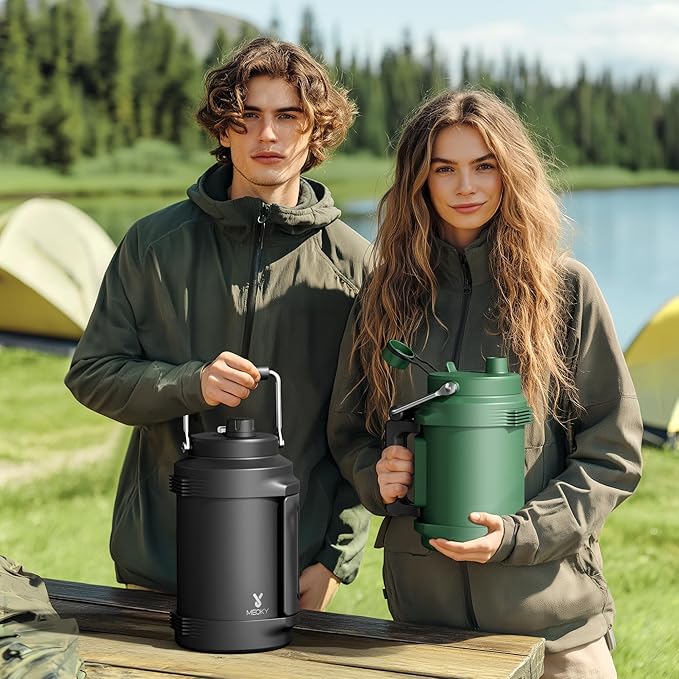 Meoky 1 Gallon Insulated Water Bottle for Travel 128 oz Triple Wall Vacuum Stainless Steel Water Jug - Top and Side Handles, Cold for 48 Hrs, 2-in-1 Straw and Spout Lid, Leak Proof for Work (Silver)