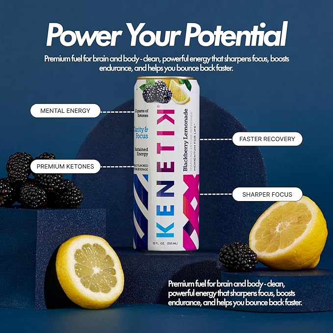 Kenetik Nootropic Ketone Drink, Ketones for Energy & Focus, Caffeine & Sugar Free, High Performance D-BHB Ketone Mix, Fuel w/Zero Crash or Jitters, Ready to Drink - Variety 12 Pk