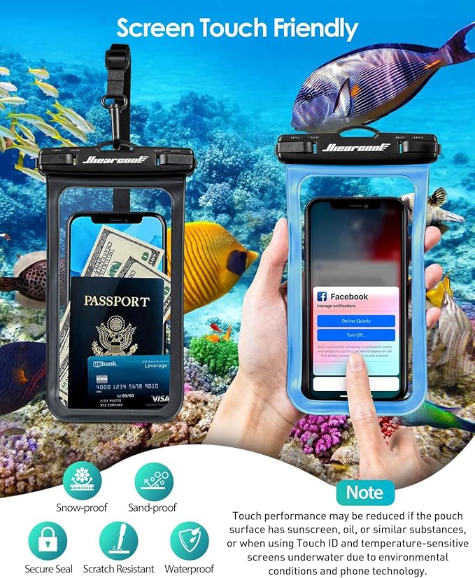 Hiearcool Waterproof Phone Pouch, Waterproof Beach Bag Compatible for iPhone 17 16 15 14 13 Pro Max, IPX8 Cellphone Travel Essentials for Beach -Black & Sky Blue-2Pack