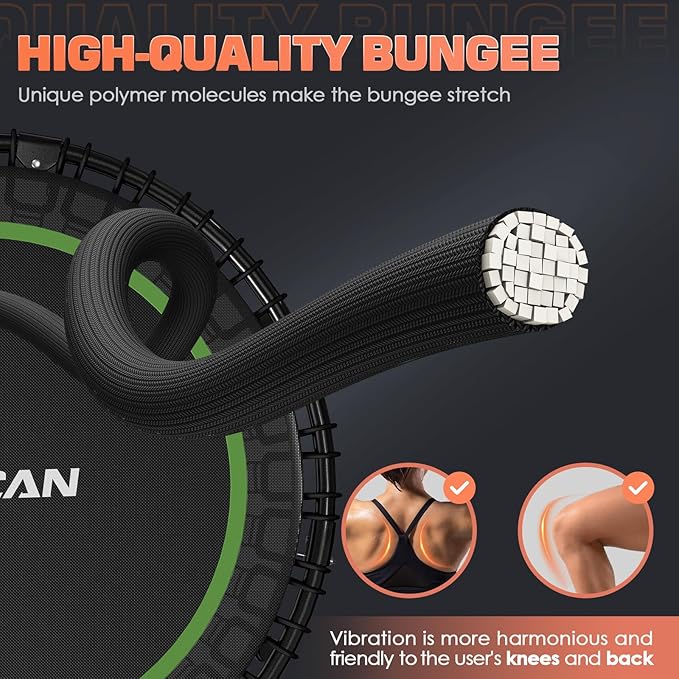 BCAN 40"/48" Foldable Mini Trampoline with Resistance Band, 450 LBS Adult Fitness Trampoline with Bungees, U Shape Adjustable Foam Handle, Stable & Quiet Indoor/Garden