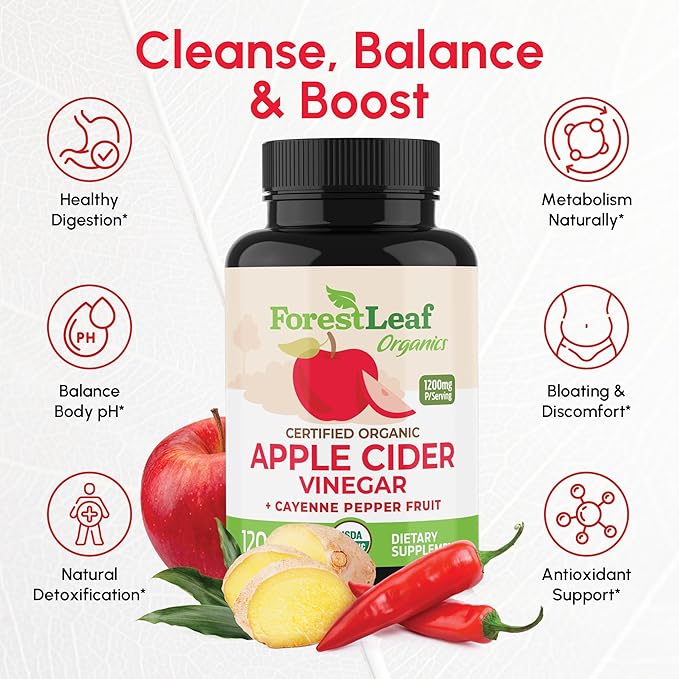 Organic Apple Cider Vinegar Capsules 1200mg – Supports Metabolism, Detox, Digestion, Gut Health – USDA Organic Apple Cider Vinegar Pills with Cayenne Pepper & Ginger Root – 120 Caps – by Forest Leaf