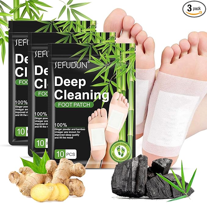 Foot Pads (30 PCS), Natural Bamboo Vinegar Ginger Powder Pad, 10 Count (Pack of 3)