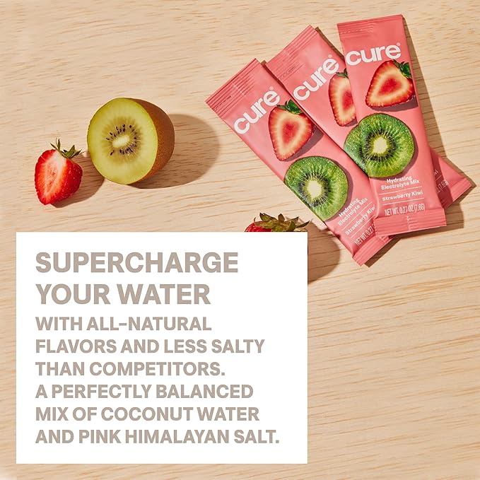 Cure Hydration | Plant-Based Electrolyte Drink Mix | No Added Sugar | FSA-HSA | Dehydration Relief Powder Made with Coconut Water | Non-GMO | Vegan | Pouch of 14 Packets - Strawberry Kiwi