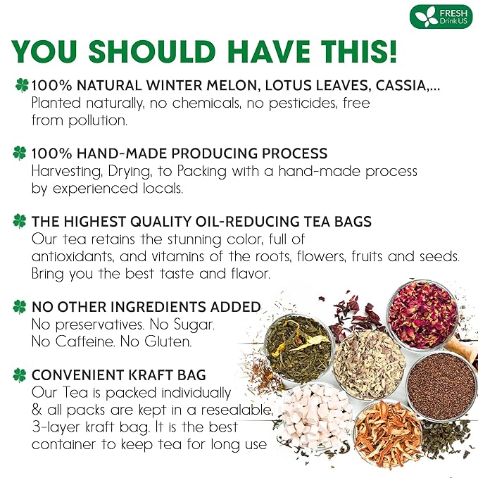 FRESHDRINKUS, 15 Packs of Oil Reducing Tea, Oil Cleansing for Liver, 10 Herbal Ingredients, Traditional Recipe Tea for Liver, 100% Natural, Easy Brewing, Steep Repeatedly (15 Packs)