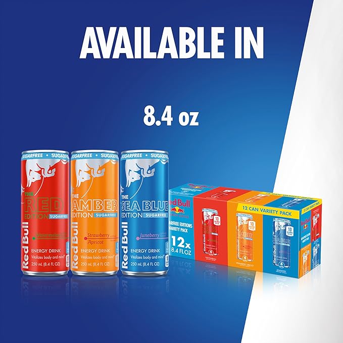 Red Bull Energy Drink Sugar Free Variety Pack, Red, Amber, and Sea Blue, with 80mg Caffeine, Taurine & B Vitamins, 8.4 fl. oz, Pack of 12 Cans