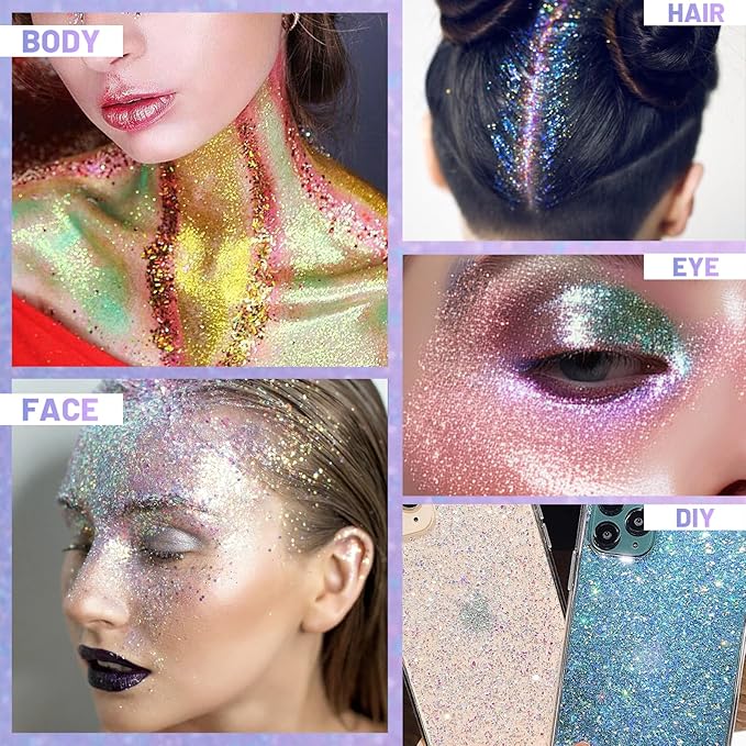 DAGEDA Body Glitter Gel, Roll-on Face Glitter for Mermaid Makeup Festival Rave Accessories, Holographic Hair Glitter Gel,Body Shimmer Halloween Makeup for Rave Party(Ocean Glow)