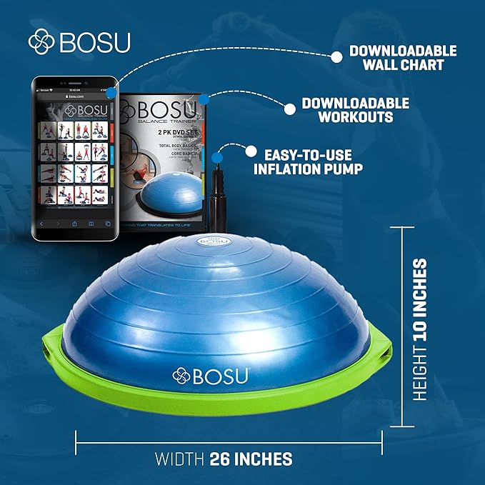 Bosu Balance Ball Exercise Trainer, Home Gym Equipment w/ Guided Workouts & Pump, 26", Blue - Inflatable Fitness Platform for Strength Training, Standing, Balancing, and Core Workout