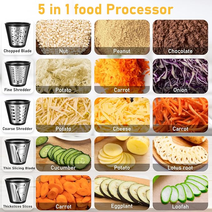 Nictemaw Electric Cheese Grater, 250W 5-in-1 Professional Cheese Grater Electric Vegetable Slicer, Electric Slicer Shredder for Veggies, Carrots, Carrot, Potatoes