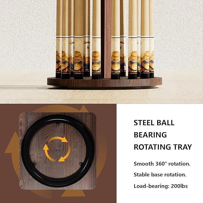 360 Degree Rotating Pool Stick Holder, Pool Cue Holders for Billiard Room, Floor Stand Billiard Cue Rack up to 16 Sticks, Natural Wood Pool Cue Equipment Storage Organizer, Billiard Gifts for Men