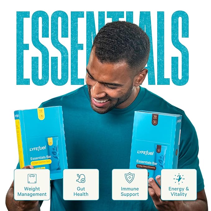 Essential Nutrition Bars by LyfeFuel | Vegan Protein Bar & Low Carb Meal Replacement for Intermittent Fasting and Hunger Control | 12g Plant-Based Protein, High Fiber, MCT Oil and 21 Organic Vitamins | No Sugar Alcohols (Lemon Ginger Tart)